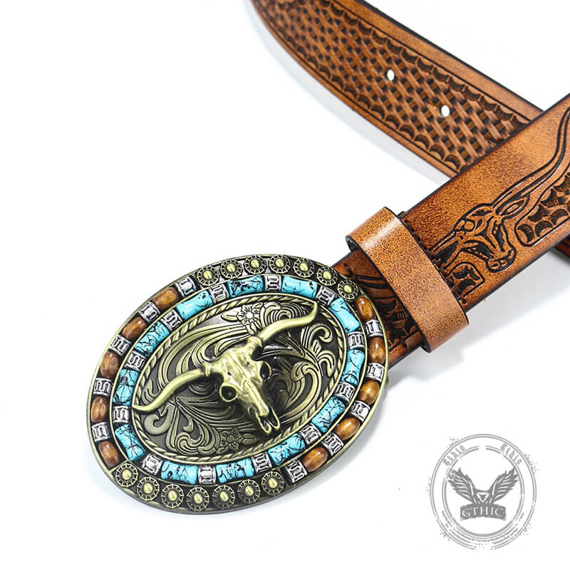 Vintage Bull Head Western Cowboy PU Leather Belt