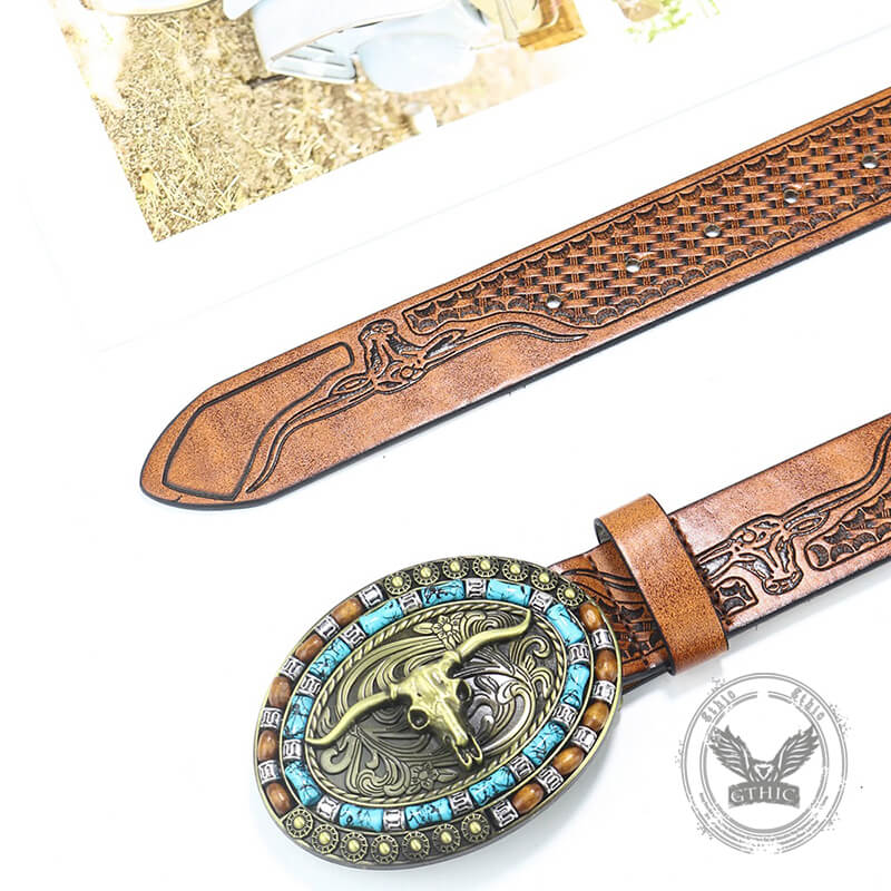 Vintage Bull Head Western Cowboy PU Leather Belt