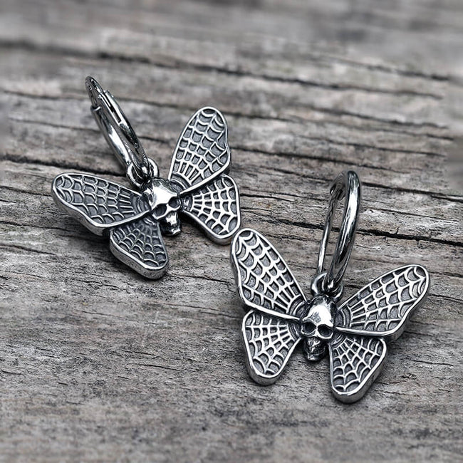 Vintage Butterfly Skull Stainless Steel Hoop Earrings Hover Image