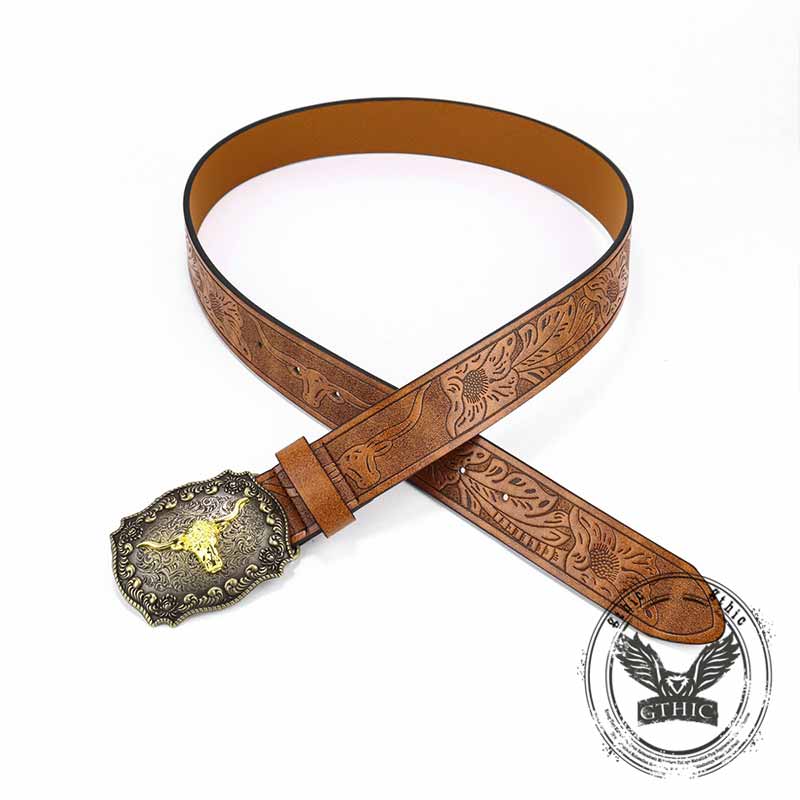 Vintage Embossed Bull Western Cowboy PU Leather Belt