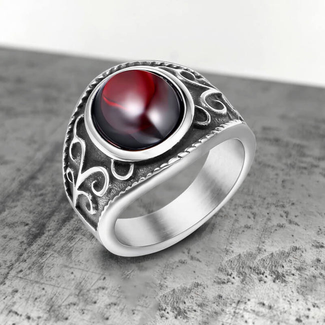 Vintage Engraved Flowers Ruby Stainless Steel Ring Hover Image