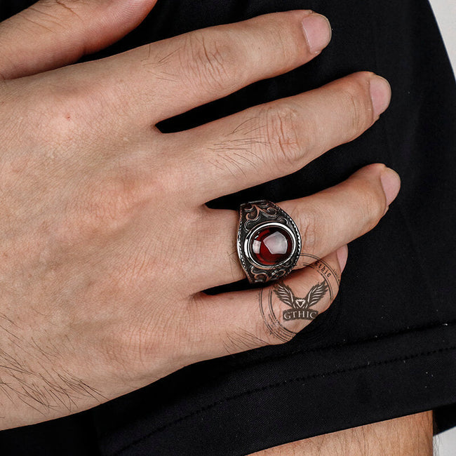 Vintage Engraved Flowers Ruby Stainless Steel Ring Main Image
