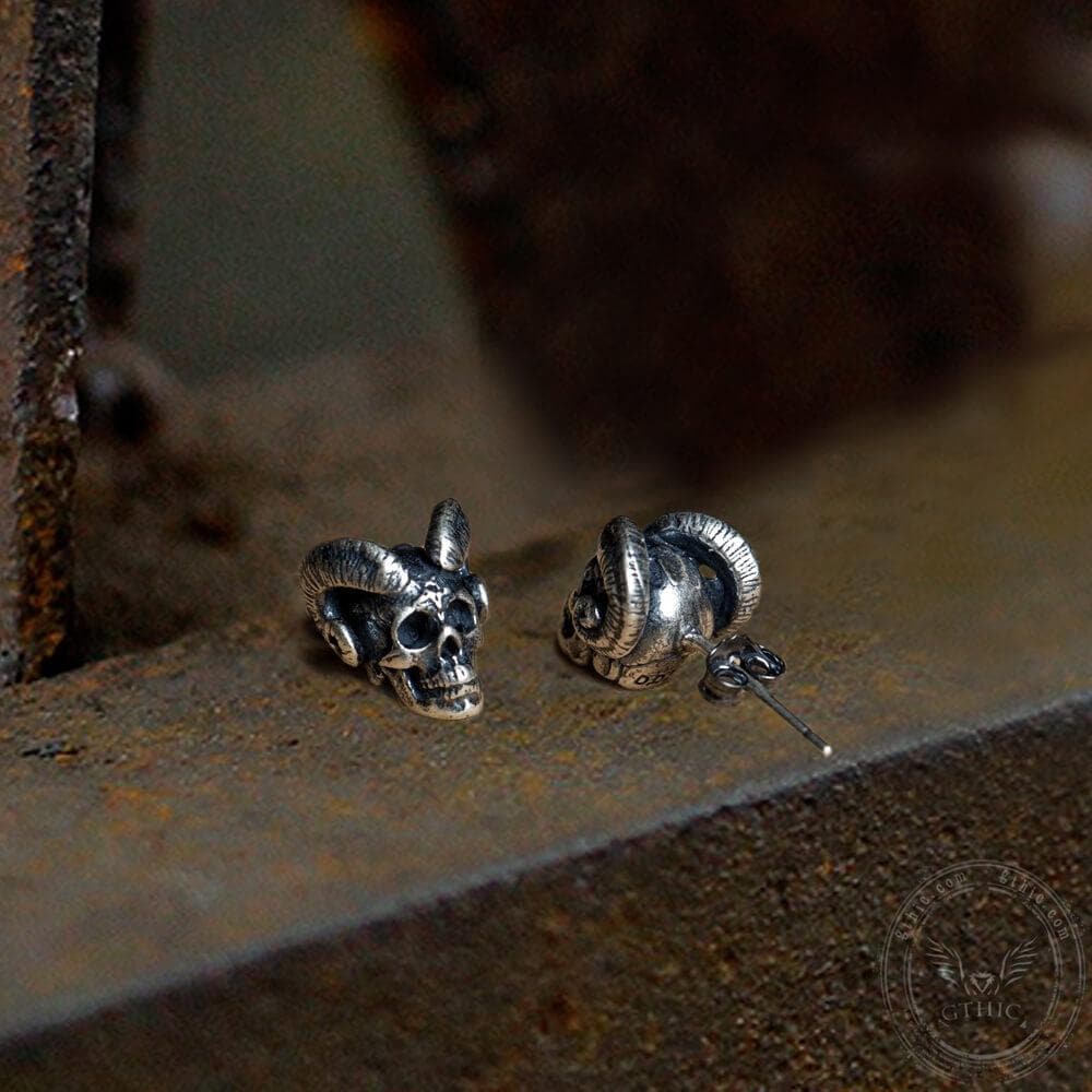 Vintage Goat Head Skull Sterling Silver Stud Earrings