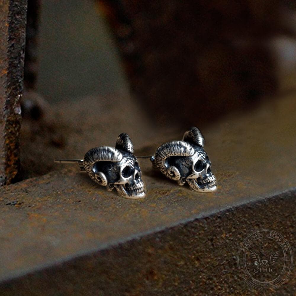 Vintage Goat Head Skull Sterling Silver Stud Earrings