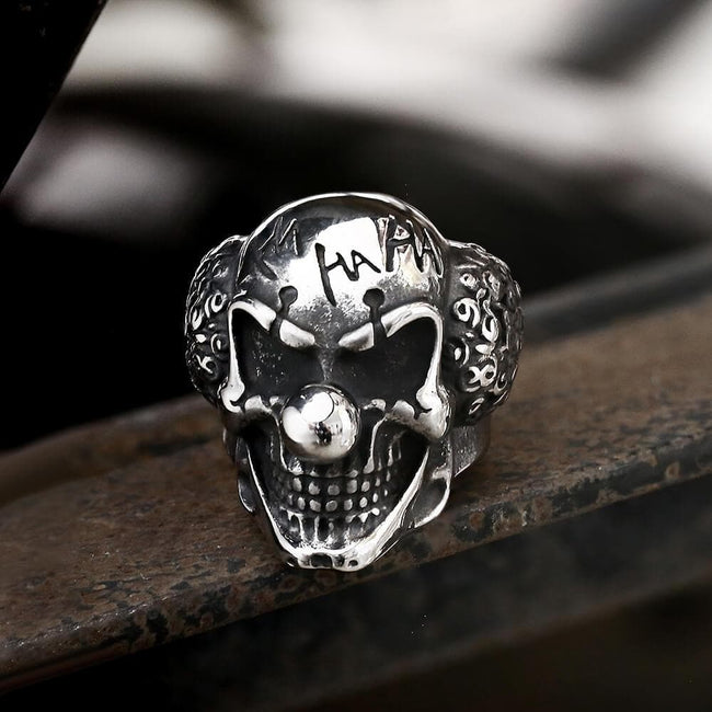 Vintage Joker Clown Stainless Steel Skull Ring Hover Image