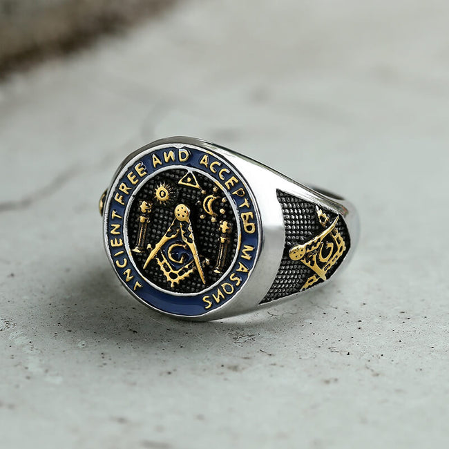 Vintage Masonic Symbol Stainless Steel Ring Hover Image
