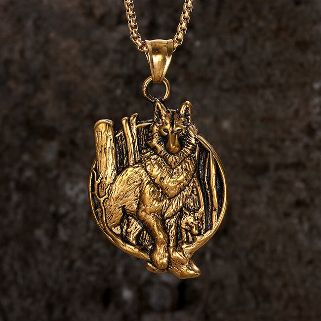 Vintage Nordic Viking Wolf Head Stainless Steel Pendant Necklace Hover Image