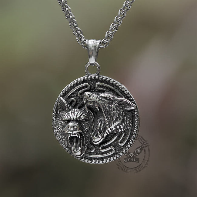 Vintage Nordic Wolf Valknut Stainless Steel Viking Pendant Hover Image
