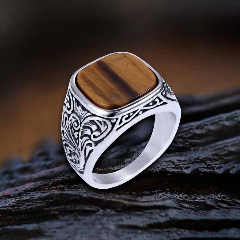 Vintage Pattern Square Turquoise Stainless Steel Ring