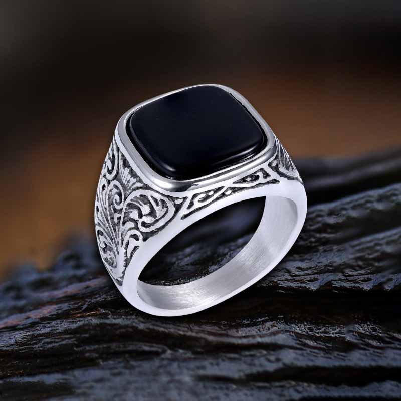 Vintage Pattern Square Turquoise Stainless Steel Ring