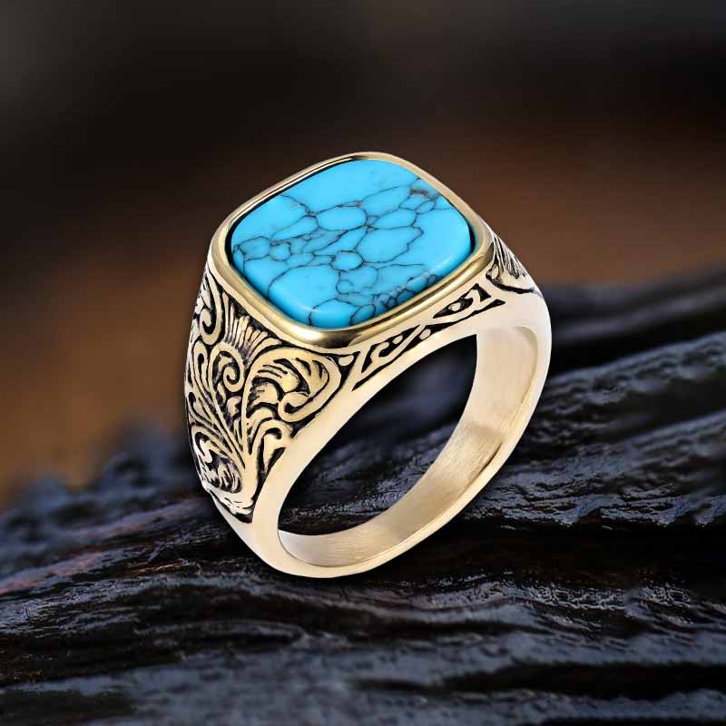 Vintage Pattern Square Turquoise Stainless Steel Ring