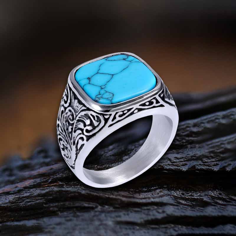 Vintage Pattern Square Turquoise Stainless Steel Ring