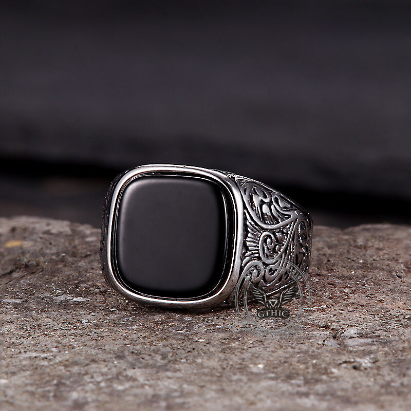 Vintage Pattern Square Turquoise Stainless Steel Ring