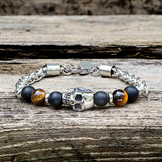 Vintage Skull Tiger Eye Stainless Steel Bracelet Hover Image