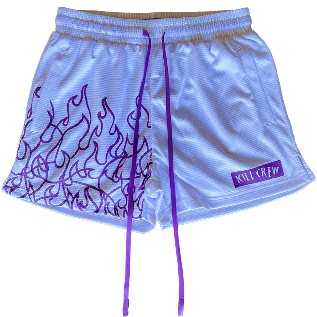 MUAY THAI FLAME SHORTS (MID THIGH CUT) - WHITE / PURPLE Hover Image