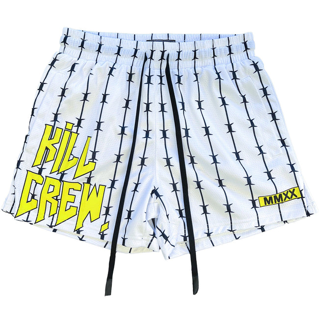 BARBWIRE MUAY THAI SHORTS (MID THIGH CUT) - WHITE / YELLOW Hover Image