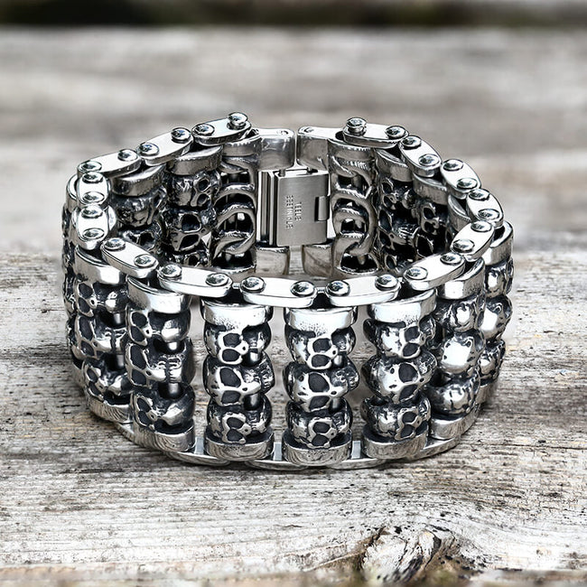 Wide Skull Stainless Steel Biker Bracelet Hover Image