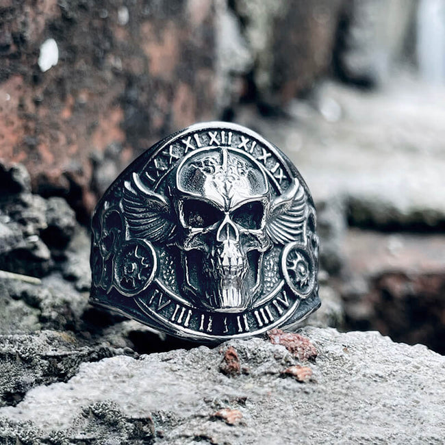 Winged Skull Stainless Steel Biker Ring Hover Image