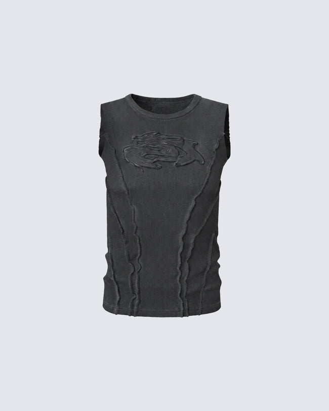 Dark Washed Distressed Sleeveless Ribbed Tank Top Hover Image