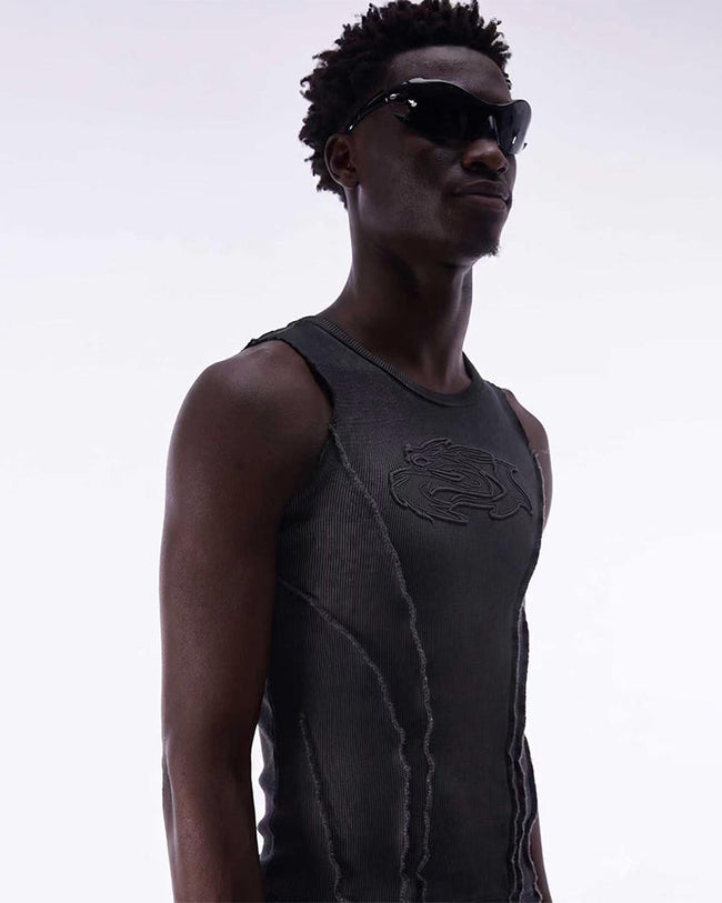 Dark Washed Distressed Sleeveless Ribbed Tank Top Main Image
