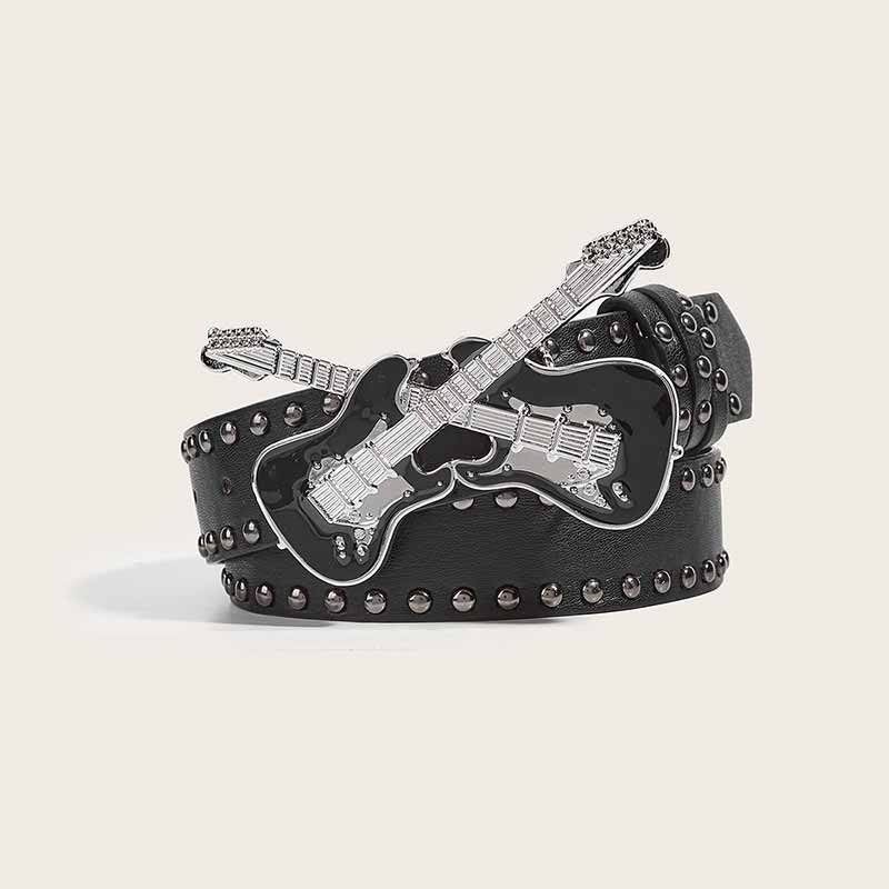 Y2K Fashion Double Guitar Buckle Rivet PU Leather Belt