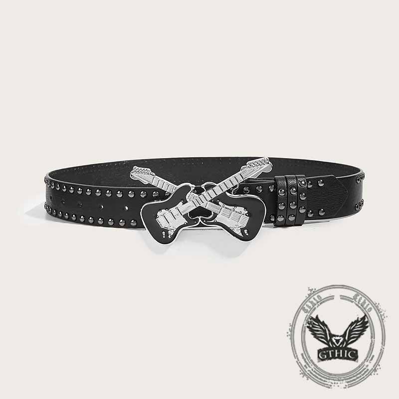Y2K Fashion Double Guitar Buckle Rivet PU Leather Belt
