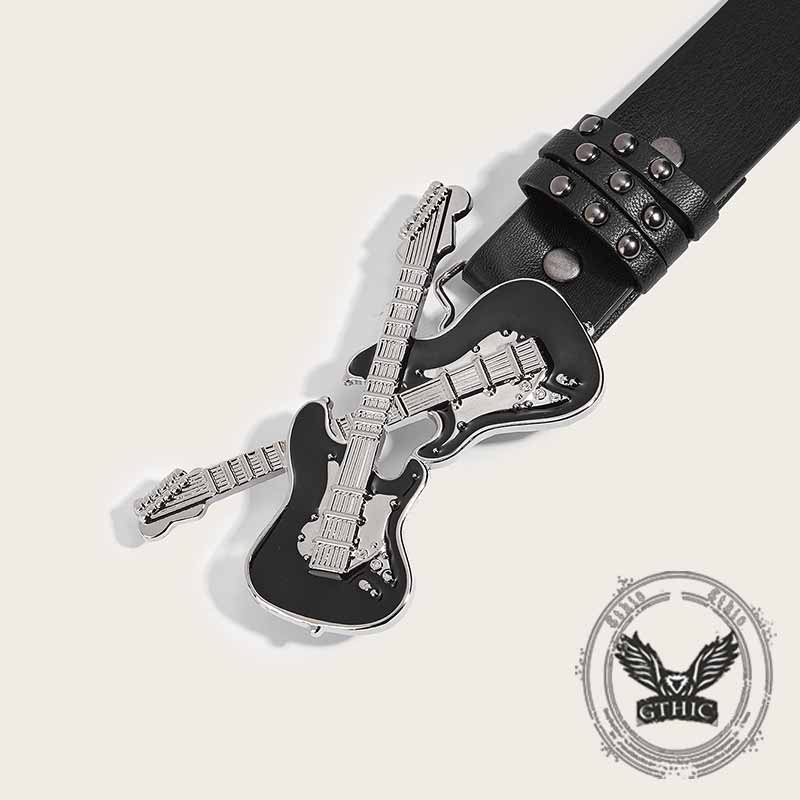 Y2K Fashion Double Guitar Buckle Rivet PU Leather Belt