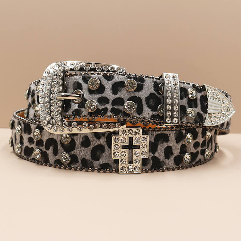 Y2K Leopard Print Rhinestone Cross Rivet PU Leather Belt