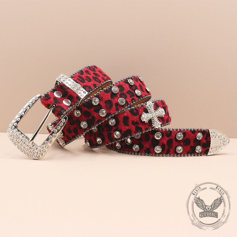Y2K Leopard Print Rhinestone Cross Rivet PU Leather Belt