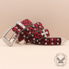 Y2K Leopard Print Rhinestone Cross Rivet PU Leather Belt