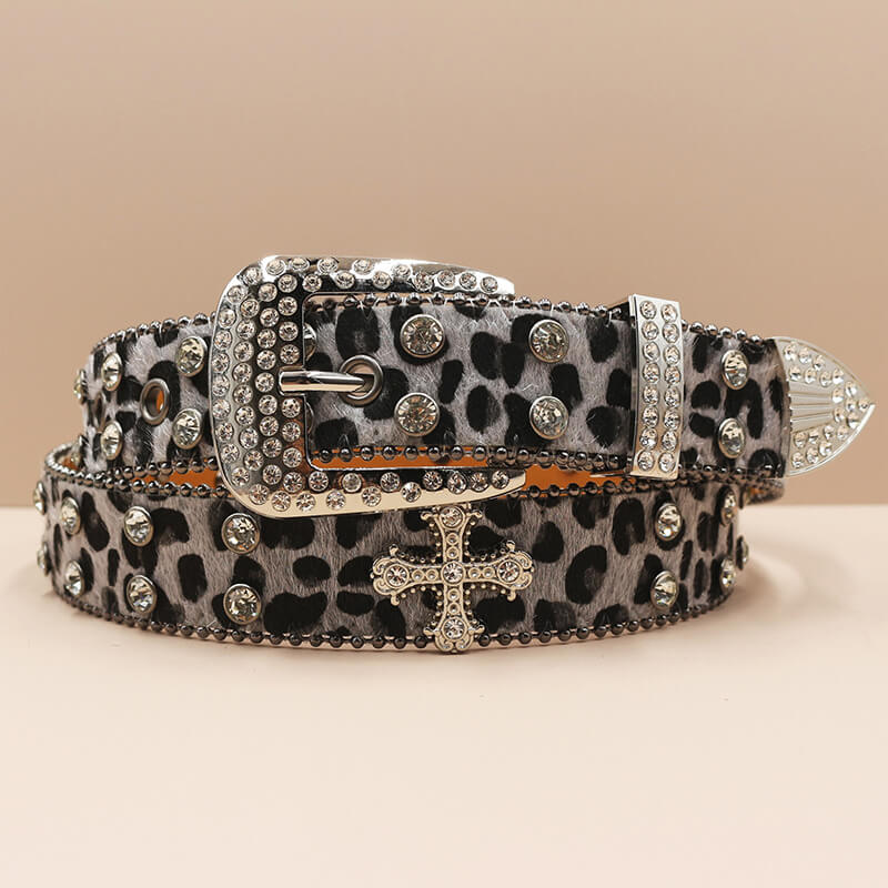 Y2K Leopard Print Rhinestone Cross Rivet PU Leather Belt