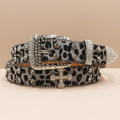 Y2K Leopard Print Rhinestone Cross Rivet PU Leather Belt