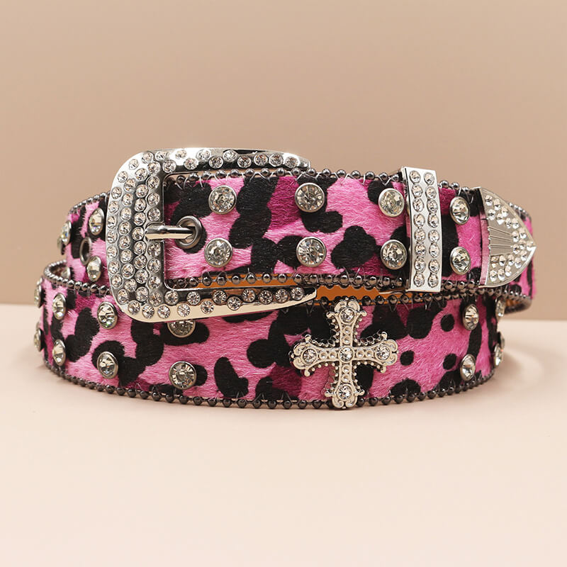 Y2K Leopard Print Rhinestone Cross Rivet PU Leather Belt