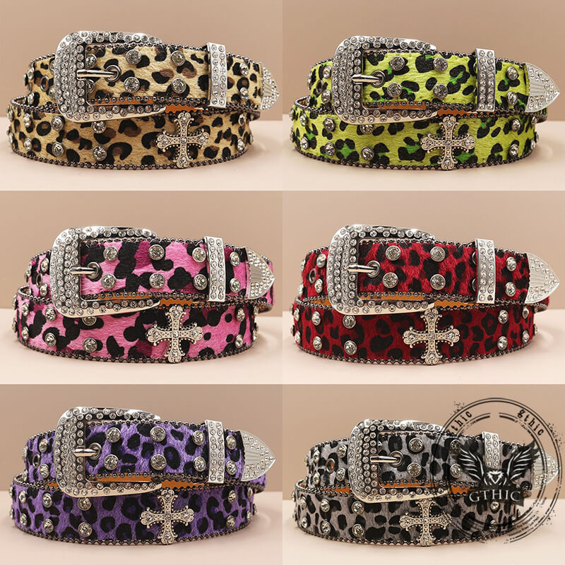 Y2K Leopard Print Rhinestone Cross Rivet PU Leather Belt