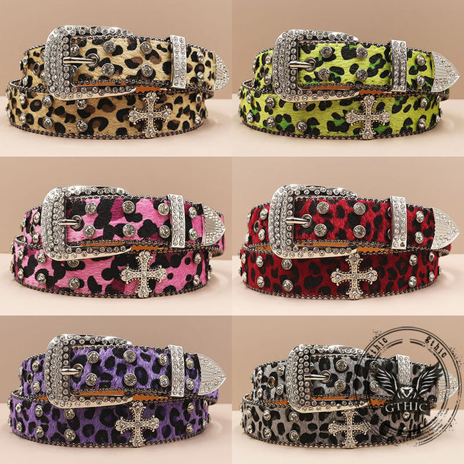 Y2K Leopard Print Rhinestone Cross Rivet PU Leather Belt Main Image