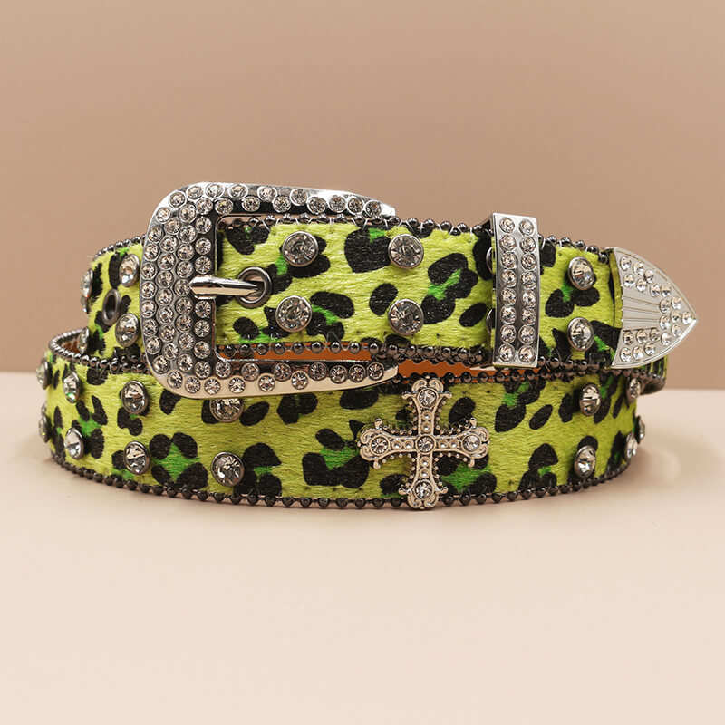 Y2K Leopard Print Rhinestone Cross Rivet PU Leather Belt