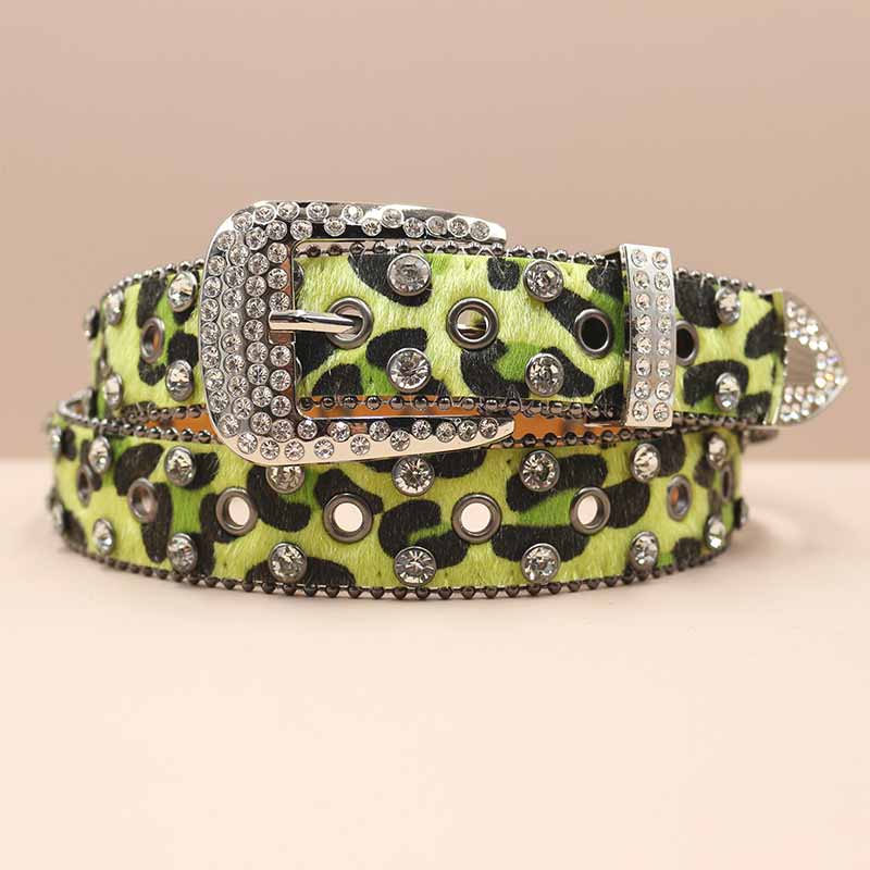 Y2K Leopard Print Rhinestone Eyelet PU Leather Belt