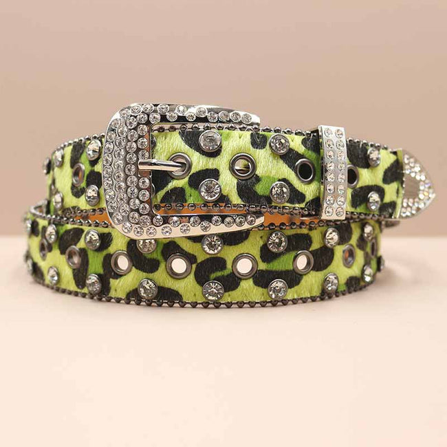 Y2K Leopard Print Rhinestone Eyelet PU Leather Belt Main Image