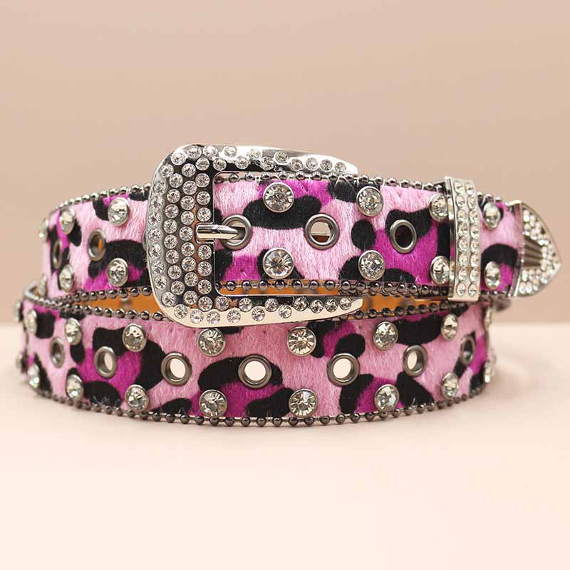 Y2K Leopard Print Rhinestone Eyelet PU Leather Belt